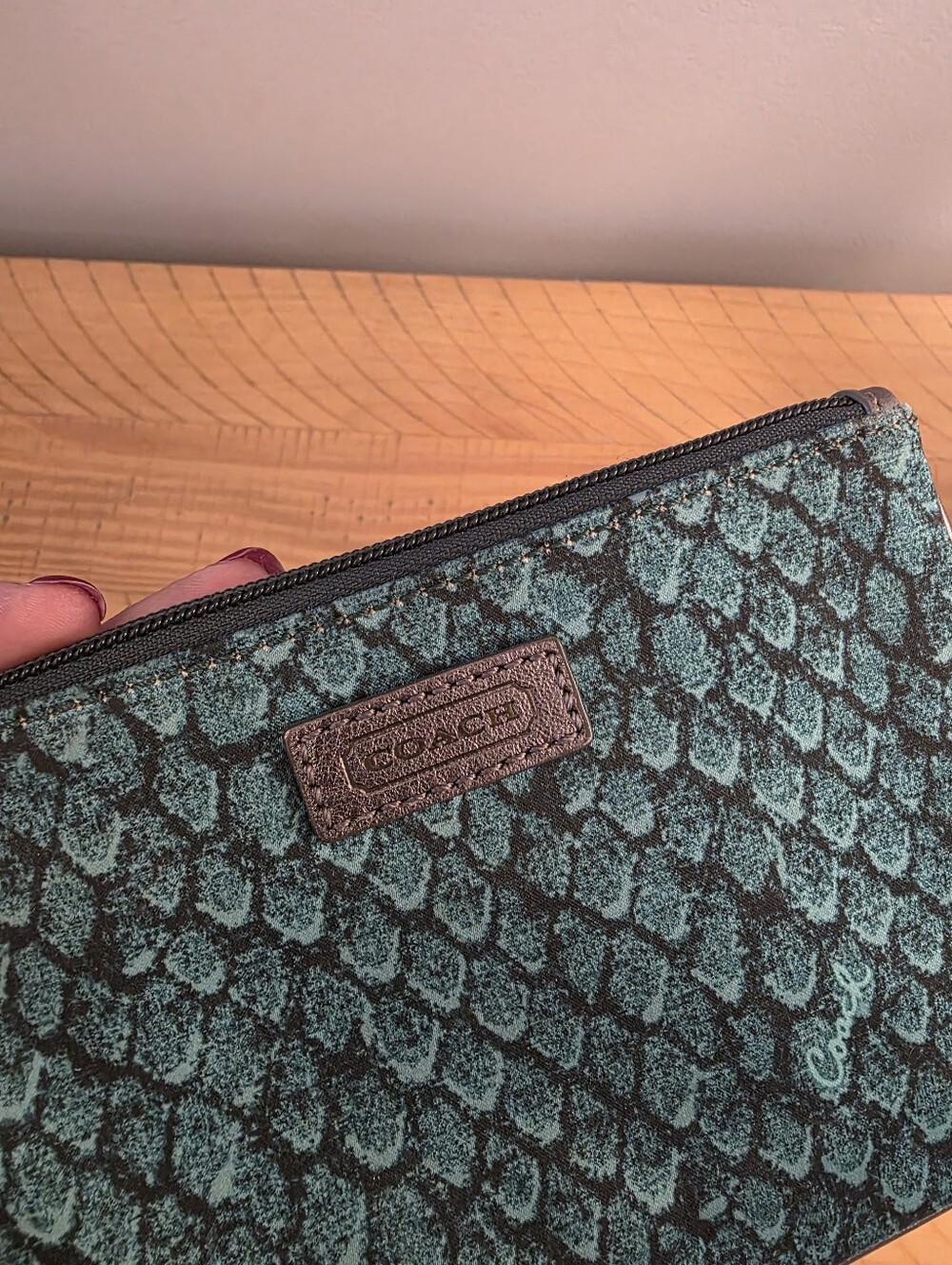Coach Teal Snake Patterned Nylon Wristlet - Picture 4 of 8
